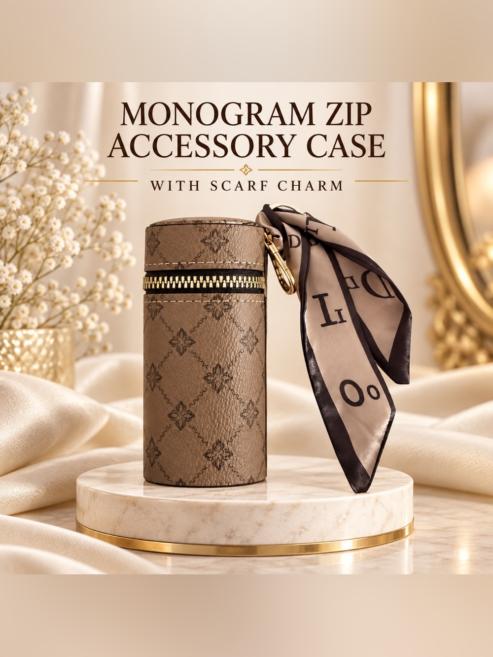 Brown Monogram-Inspired Zippered Keychain Accessory Case with Scarf Charm